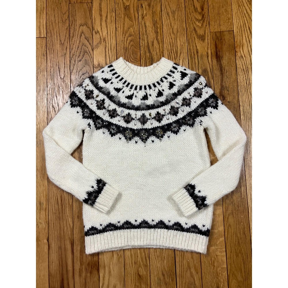 Loft Petites‎ Fair Isle Sweater Cream Black Geometric Knit Pullover